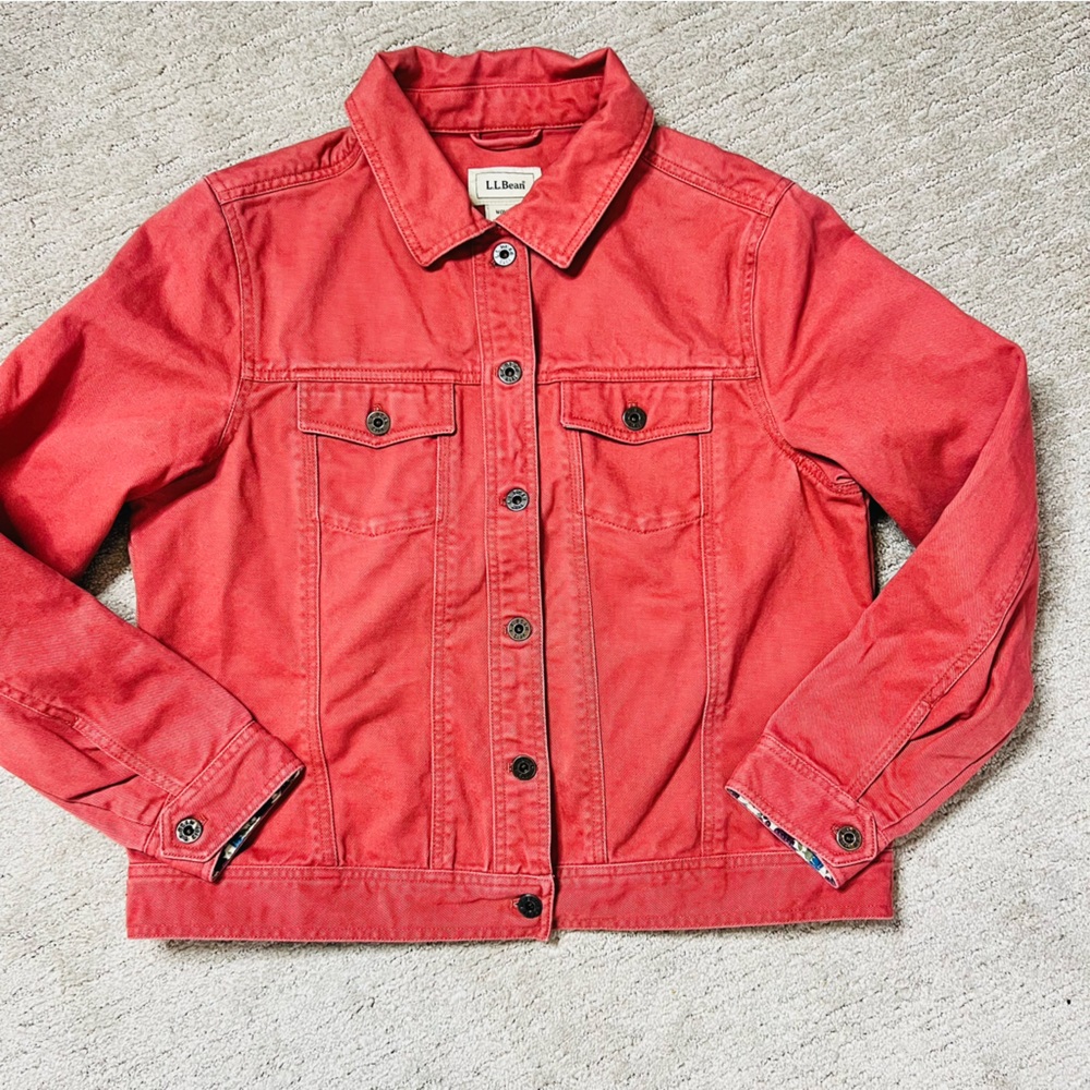 LL Bean Denim Pink /Salmon Floral Lined Jean Jacket